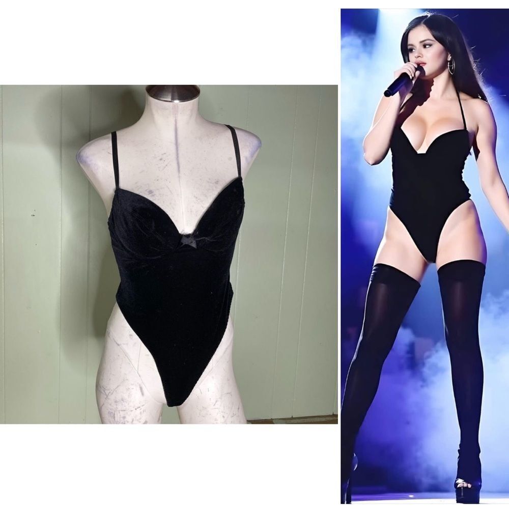 Vintage Y2K Delicates Black Velvet Thong Camisole Bodysuit 34B
